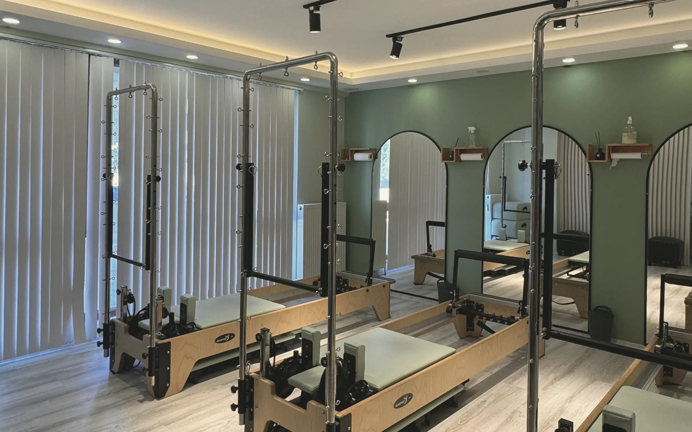 Ana salon: reformerlar ve adaçayı yeşili duvarlar